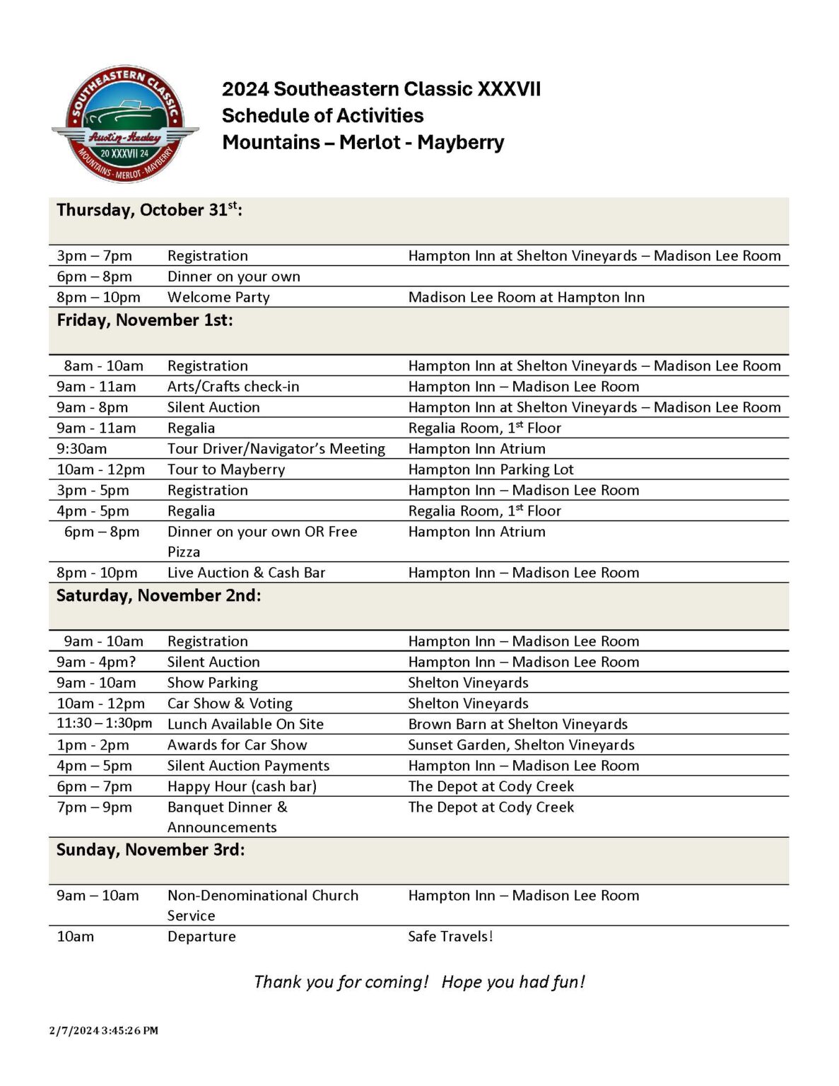 SEC 37 - Schedule of Events